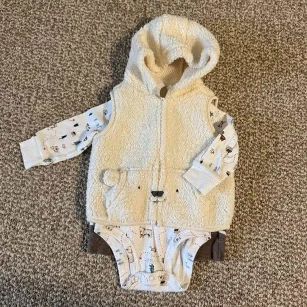 Carter's Baby Boy 3-Piece Set Sherpa Bear Vest Woodland Bodysuit 6 Months